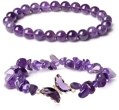 GIEEU Bracelet en Améthyste Naturelle 8mm, Lot de 2 Bracelets en Pierre de Chakra, Bracelet de Guérison Énergétique avec Décoration Papillon, Cadeau pour Femmes