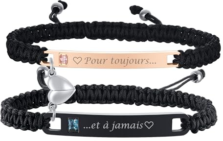 Gamtic 2PCS Bracelets Couple Amoureaux Personalisés - Bracelet Réglable en Cordon Tressé Acier Inoxydable Zircon Cristal Bracelet avec Gravure Bracelets d'Amitié (Pour toujours)