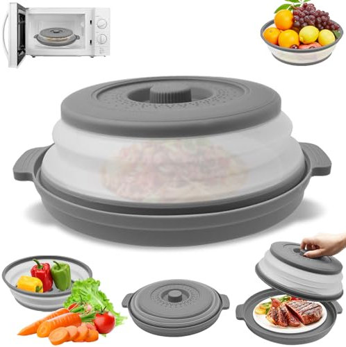 Cyiecw Faltbare Mikrowellen Abdeckung 27cm, Abdeckhaube Mikrowelle ohne BPA, Transluzente Mikrowellenabdeckung, Mikrowellenhaube Spritzschutz, Filterkorb mit Dampflöchern für Obst und Gemüse (Grau)