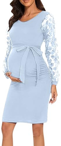 Vestido de Maternidad Mujer Encaje Manga Larga Embarazadas Ropa Fruncida para Embarazadas Elegante Color sólido Moda Casual Primavera Verano Vestido Largo premamá Vestidos de Noche