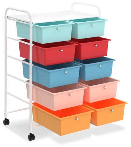 VANCHEMO Chariot à roulettes avec 10 tiroirs empilables - Multicolore - Avec structure en métal et plateau de rangement - Pour bureau, salon - 65 x 37 x 87 cm