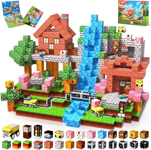 GraceDuck Costruzioni Magnetiche per Bambini 100 Pezzi Prateria e Strada Giocattoli Magnetici Creativi Montessori Costruzioni Magnetiche da 3-9 Anni Ragazzo e Ragazza Cubi Magnetici Regali di Bambini