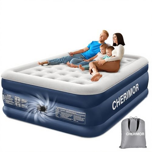 CHERIMOR Colchón Hinchable, Cama Matrimonial Colchón Hinchable con Bomba Incorporada, Autohinchable en 3 Minutos, Cama Hinchable de Superficie Flocada para Invitados y Hogar, 203x152x46cm, 363KG Máx