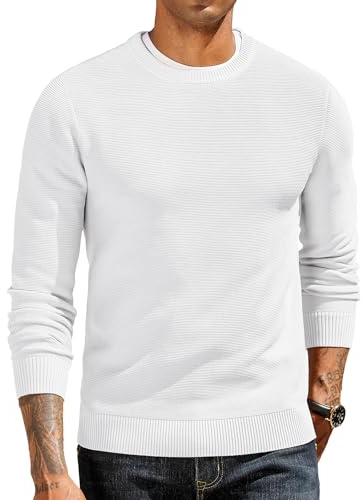 COOFANDY Pull Homme col Rond Pulls Tricoté à Manches Longues Sweater en Maille Fine Chaud Pulls Hiver de Travail Sweatshirt Décontracté Pullover Blanc M