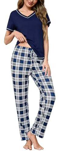 Bresdk Pigiama Donna Cotone Manica Corta Pigiami Due Pezzi da Donna Leggero Maglietta Manica Corta e Pantaloni Lunghi a Quadri Comodo e Morbido S-3XL