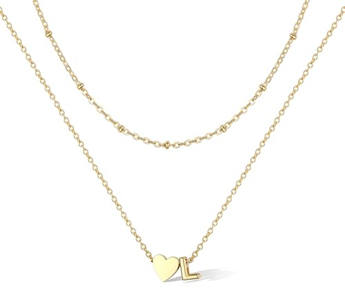 Bestyle Collar Letra Inicial L Dorado Colgante Corazón Oro Choker Gargantilla Doble Capas Fina Cadena de Acero Inoxidable 35.5cm y 40.6cm Joyeria Mujer Chica Madre Hija Novia Amiga
