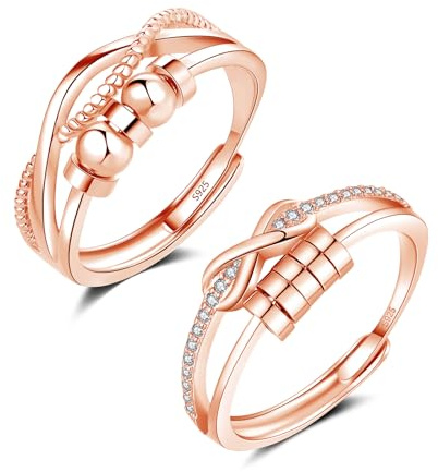 Silver Fidget Ring for Anxiety Women, Rose Gold Spinner Anxiety Ring Set with Beads, 2PCS 925 Sterling Silver Fidget Rings for Women, Open Thumb Adjustable Rings with Zirconia, Anti Stress Jewelry