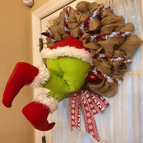 Grinch-krans, julgirlang, som grinken har stulat julkransen av säckväv, dörrkrans, jul, juldekoration krans, dekoration (M)