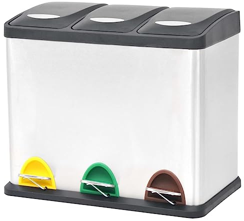 Tomostar Poubelle à Pédale, Poubelle de Cuisine Triple Système de Tri Sélectif des Déchets Acier inoxydable 24 L