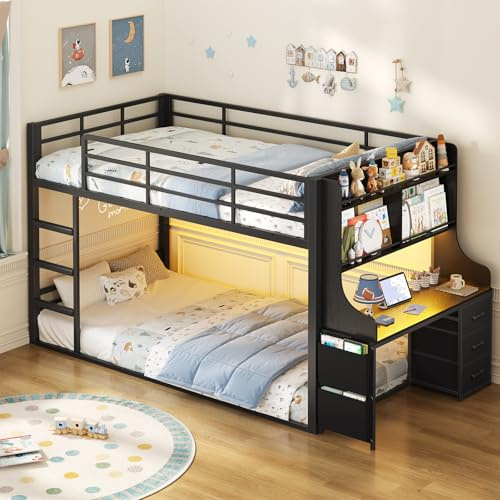 ADORNEVE Low Bunk Bed Twin Size with Desk, Bookshelf & 3 Storage Drawers, Metal Floor Bunk Bed Twin Over Twin with RGB Lights & Charging Station, Safety Guardrail & Ladder, Small Space, Black