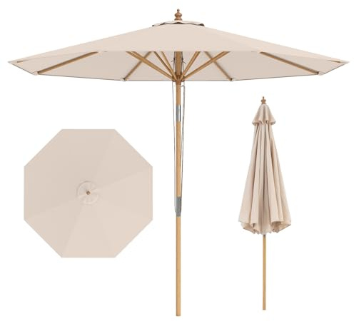 COSTWAY Sonnenschirm 270 cm, Gartenschirm aus Holz, beidseitig um 30° knickbar, Balkonschirm, Terrassenschirm, Sonnenschutz, Marktschirm für Garten, Balkon, Terrasse (Beige)