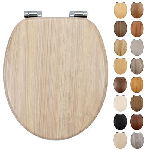 Fanmitrk Traditional Wooden Toilet Seat Soft Close, MDF Adjustable Hinges with Bottom Fixture,Easy to Clean and Install for Bathroom (BLJS1509-01)