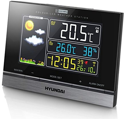 HYUNDAI Funk Wetterstation Funkuhr Hygrometer Thermometer Wettervorhersage Funkwecker Luftfeuchtigkeit LCD Farbdisplay Außensensor Mondphasenanzeige Digital (Wetterstation 2)
