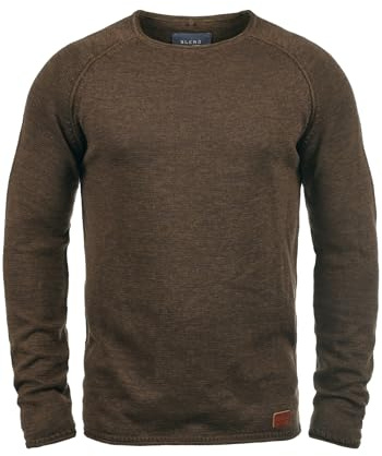 Blend BHDan Herren Strickpullover Feinstrick Pullover mit Rundhalsausschnitt Baumwollmischung Label-Patch Regular fit, Größe:L, Farbe:Coffee Brown (71507)