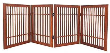 Urnporium Freestanding Wooden Dog Gate Foldable Indoor Pet Gate No Drill Expandable Barrier for Doorways Stairs Hallways Portable Wood Fence for Small Dogs & Puppies (Brown Pet Gate, 4 Panel 24 Tall)