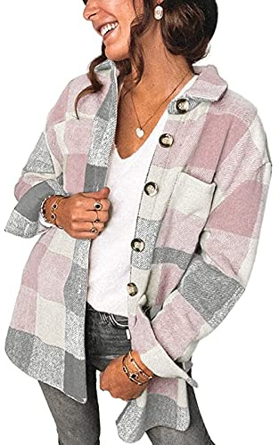 Womens Long Sleeve Blouse with Pockets Flannel Jacket V Neck Collared Button Up Cuffed Oversized Shacket Shirt Tops Pink Large