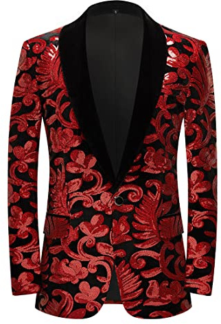 PYJTRL Men Fashion Velvet Sequins Floral Pattern Suit Jacket Blazer (Red, XXL)