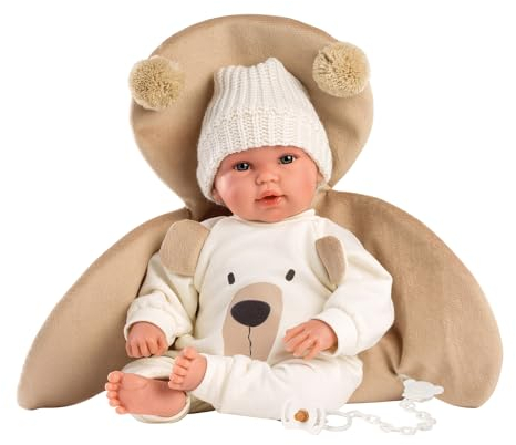 Llorens 1063645 Babypuppe, mit blauen Augen und weichem Körper, Puppe inkl. Outfit mit Bären-Motiv, Schnuller, Schnullerkette und Flauschiger Decke, 36cm