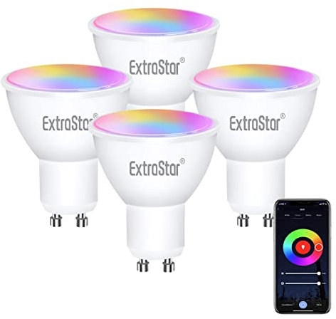 EXTRASTAR Ampoules Connectées LED GU10 compatible avec Alexa et Google Home, 6W Equivalent à 48W, Ampoule Dimmable Couleur WiFi GU10 RGB 2700-6500K Blanc Chaud et Blanc Froid 480LM, Lot de 4