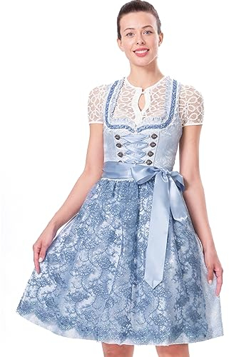 Dirndlwelle Dirndl Damen Midi Dirndl Damen Blau 60cm Knielang Trachtenrock Dirndlschürzen Trachtenkleid Mädchen Schürze Spitze Herzausschnitt Stickerei A-Linie Oktoberfest Größe 34