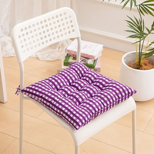 Hixingo Cojines Exterior Jardin con Correas de Sujeción, Raya Cojines Sillas Jardin Cómodos y Biandos Cojines para Sillas, Cojin Silla Oficina e Exterior, 40x40cm (4PCS,Cuadro Morado)