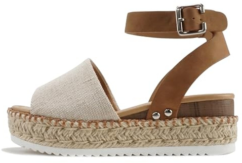 Soda Topic Open Toe Buckle Ankle Strap Espadrilles Flatform Wedge Casual Sandal (Bg/Tan (Whipped Stitch), 9)