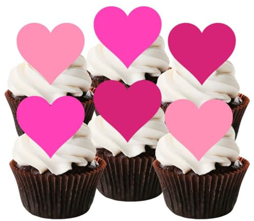 PRECUT Pink Love Heart Cupcake Toppers, Valentines Day Edible Cake Topper, Edible Valentine Cake Decorations, Proposal Decorations, Engagement Cake Decoration, Anniversary Cake Toppers (12)