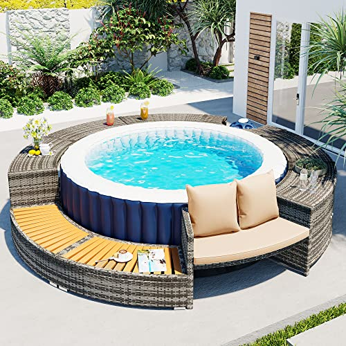 DRIXNO Spa-Pool, Gartenmöbel-Set, Poolumrandung, PE-graues Rattan und Akazienholz, mit Stauraum, Lounge-Set, für Whirlpool und Pool, mit verstellbaren Füßen, inklusive Kissen