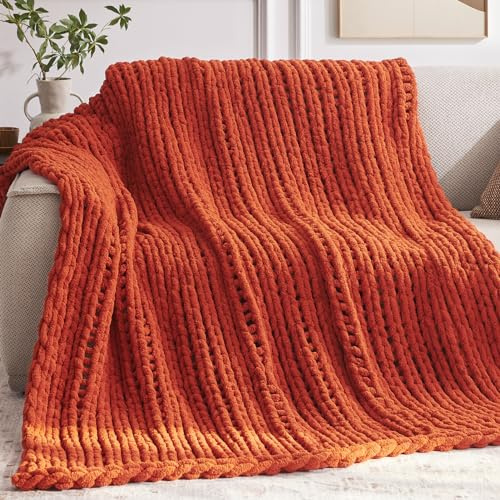 Negwoo Tjock stickad filt, 152 cm x 203 cm stickade överkastfiltar för sängsoffa, handgjord tjock orange virkad filt, maskintvättbar söt bekväm filt för heminredning