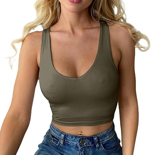 Haibang Camiseta sin Mangas Mujer Verano Sexy Ajustado Crop Top Cuello V Camisetas Tirantes Deportivas Tank Tops Básica Chaleco Color Sólido Top Corto Lencero Doble Forro Moda Casual Streetwear