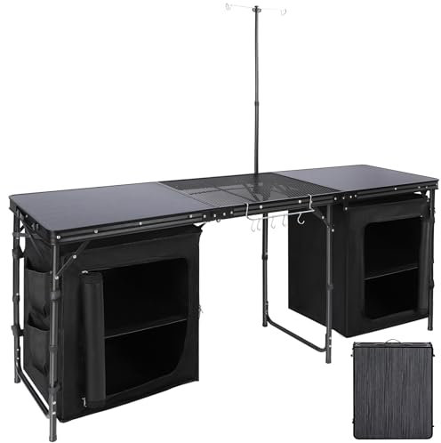 REDCAMP Extra Long Camping Kitchen Tri-fold Table with Storage Organizer, Folding Camping Cook Station Grill Table Portable for Party, Courtyard, Picnic, Black