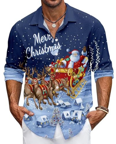 Mens Christmas Shirt Xmas Holiday Party Dress Shirts Long Sleeve Snow Print Christmas Tree Shirt (UK, Alpha, XXL, Regular, Regular, #5)