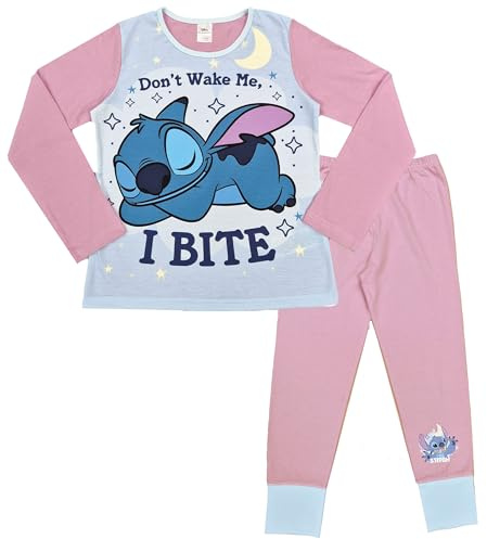 Disney Lilo & Stitch, Girls 2 Piece Pyjamas Set Featuring Stitch Don't Wake Me, I Bite, Pink, Age 7-8 Years