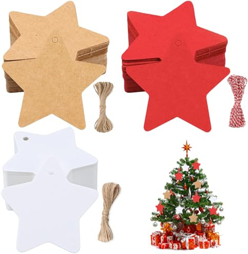 150 Etiquetas de Regalo Papel Kraft, Etiquetas de Papel Pentagrama, con cuerda Yute y Rojo, para regalos de boda, cumpleaños, Navidad(Blanco, Marrón, Rojo）