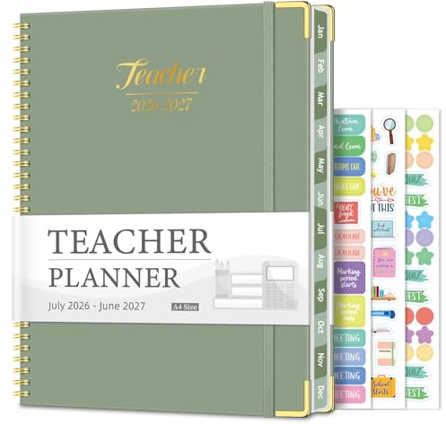 Teacher Planner 2026-2027, Jul 2026-Jun 2027 Academic Year, 8.5 x 11 Lesson Planner Book for Teachers Calendar, Spiral Bound Planners, Colorful Monthly Tabs, Hardcover, Corner Protectors - Green