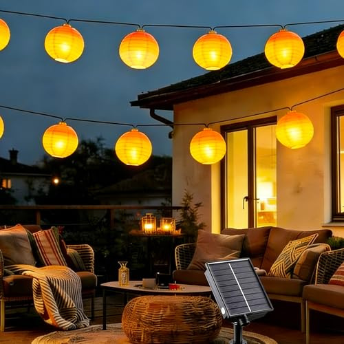 Tacobey Guirnaldas Farolillos Solares llama Exterior, 5M Guirnaldas de Luces Exterior con 10 linterna Blanca, IP65 Impermeable, Farol solar de llama para Jardín, Patio, Fiesta,Terraza Deco