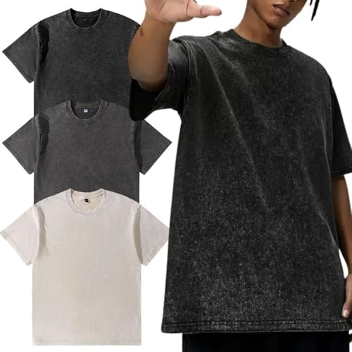Lot de 3 t-shirts surdimensionnés pour homme - T-shirt basique en coton pour homme - Haut rétro délavé - Mode unisexe - T-shirt hip-hop vintage décontracté