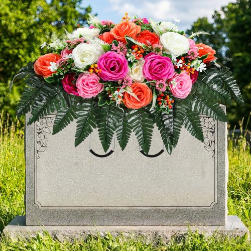 Giegxin Memorial Day Headstone Flower Saddle Cemetery Flowers for Grave Pink White Orange Roses Berries Artificial Memorial Bouquet Spring Floral Arrangement for Gravesite Headstone Outdoor Decoration