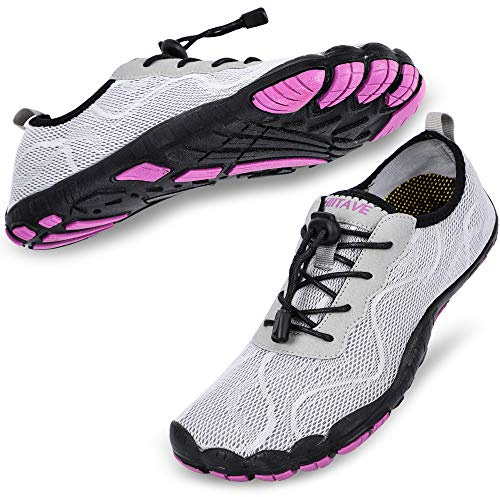 HIITAVE Women Water Shoes Quick Dry Barefoot Aqua Socks River Beach Swim Diving Surf Pool Yoga Light Gray/Purple 11 M US Women