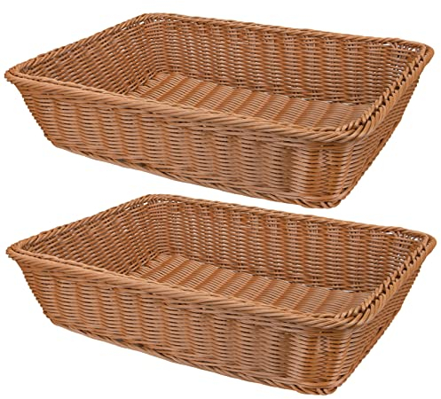 Yarlung 2 Pack Poly Wicker Woven Bread Basket, 16 Inch/40.5cm Rectangular Fruit Baskets Food Serving Holders for Vegetables, Home, Kitchen, Restaurant, Outdoor, Imitation Rattan Brown