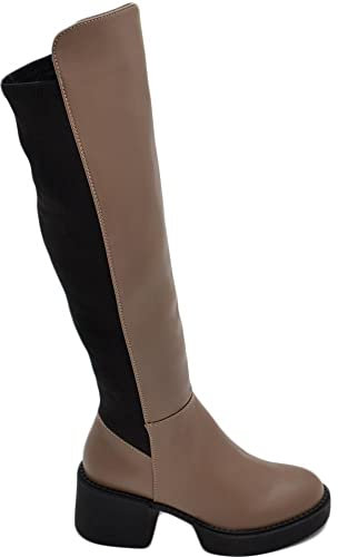 Stivali Donna Alto Punta Tonda Beige Gambale Aderente Elasticizzato Alto sopra al Ginocchio Tacco 4 Plateau Zip Curvy (38 EU)