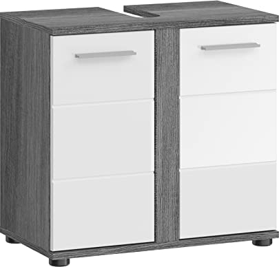 xonox.home Badezimmer Blake Waschbeckenunterschrank Badunterschrank Waschbecken Unterschrank Schrank Waschtisch Unterschrank in Front weiß Hochglanz Korpus rauchsilber Nb ca. 60x57x34 cm