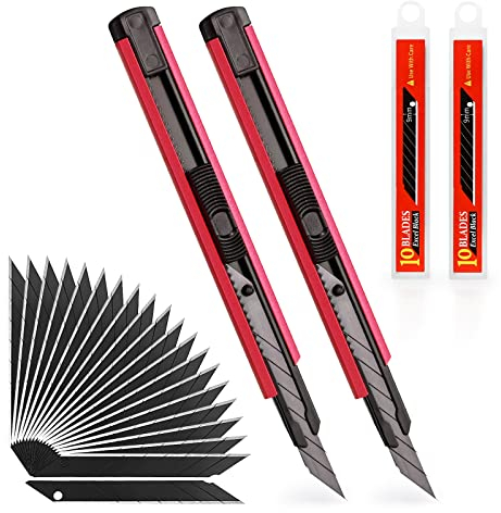 EHDIS 2 Piezas Cúter Profesional con 20 Piezas Cuchillas de Recambio, Cutter de Carcasa de Aluminio, Snap-Off de Cuchillo Gráfico SK5 de 9 mm 30°, Sistema de Bloqueo, para Cortar Papel, Cartón, Rojo
