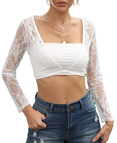 Buliezy 3/4 ärm spets cardigan för kvinnor, chic tops, sexig spetsfoder, för klänningar, bröllop, strandkläder, badkläder