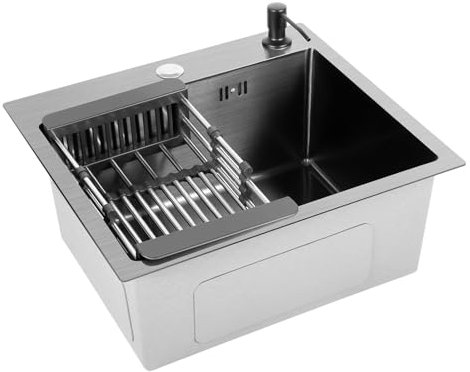 RibasuBB Fregadero de cocina de acero inoxidable, 45 x 40 cm, bajo encimera, 1 lavabo con dispensador de jabón, negro, nano-revestido, 2 agujeros, rectangular