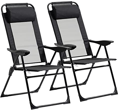 Outsunny Conjunto de 2 Sillas de Camping Plegables Sillas de Jardín con Reposacabezas Desmontable y Respaldo Reclinable en 5 Niveles Carga 120 kg para Terraza Playa 62x70x109 cm Negro