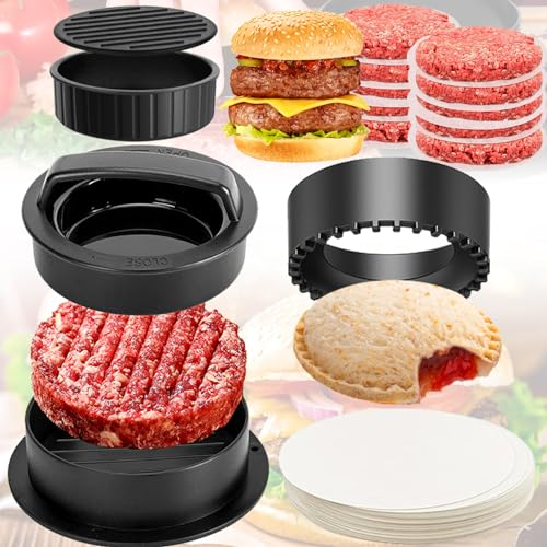 Pressa per Hamburger, Hamburger, Hamburger Attrezzo, Pressa per Hamburger 4 in 1, Taglia Sandwich per Hamburger Ripieni, con 100 Fogli di Carta da Forno, per Preparare Deliziosi Hamburger e Panini