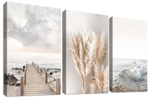 3 Pcs Wooden Framed Canvas Wall Art Set Coastal Beach Ocean Seascape Canvas Prints Nordic Beige Pampas Grass Pictures for Living Room Bedroom Kitchen Hallway Stairs Wall Decor 30x40cm x3pcs