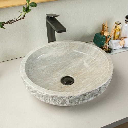 Handmejslad sten diskho, runt marmorhandfat – 100 % naturlig stenbricka – lyxigt marmorhandfat – handsnidat hantverk – 40 cm stenkärl handfat