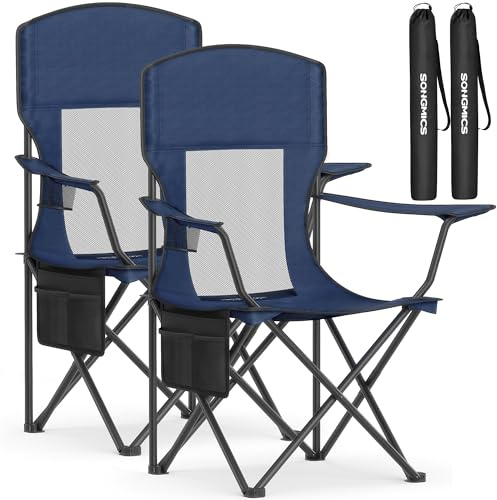 SONGMICS Juego de 2 Sillas de Camping Transpirables, Plagables Exterior con Respaldo Alto, Reposabrazos Ajustables, Portavasos, Carga 150 kg, para Jardín, Patio, Azul Marino GCB028Q01